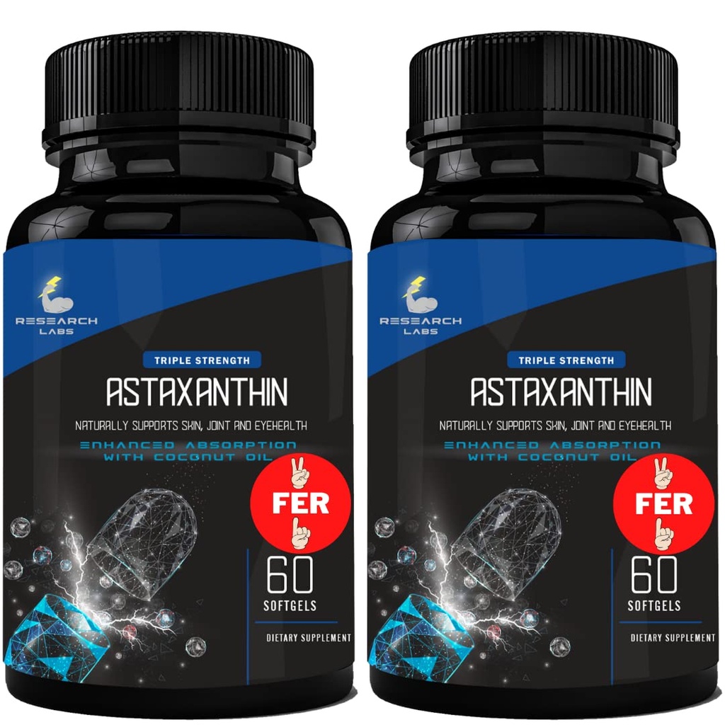 Onderzoek Labs Triple Strength Natural Astaxanthine 12mg Softgels + Extra Fles Biologische Kokosolie voor Enhanced Absorptie Krachtige Antioxidant Ondersteunt Eye Joint & Heart Health 120 Total Softgels