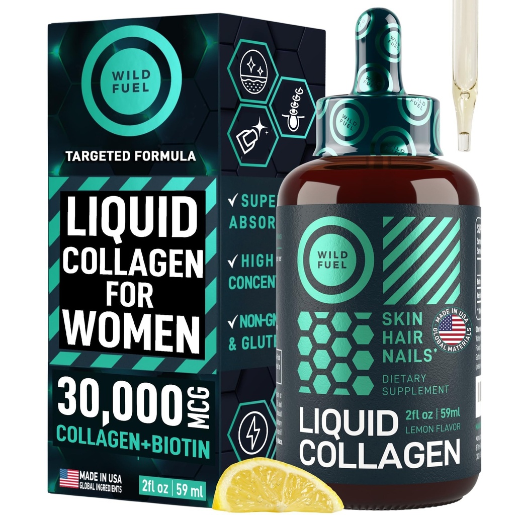 WILD BRANDSTOF Liquid Collageen Peptiden met Biotin Vitaminen voor haar huid en nagels - 30.000mcg Liquid Collageen voor vrouwen en mannen Plus Biotin - Citroen smaak, tot 2-maand - 2 oz