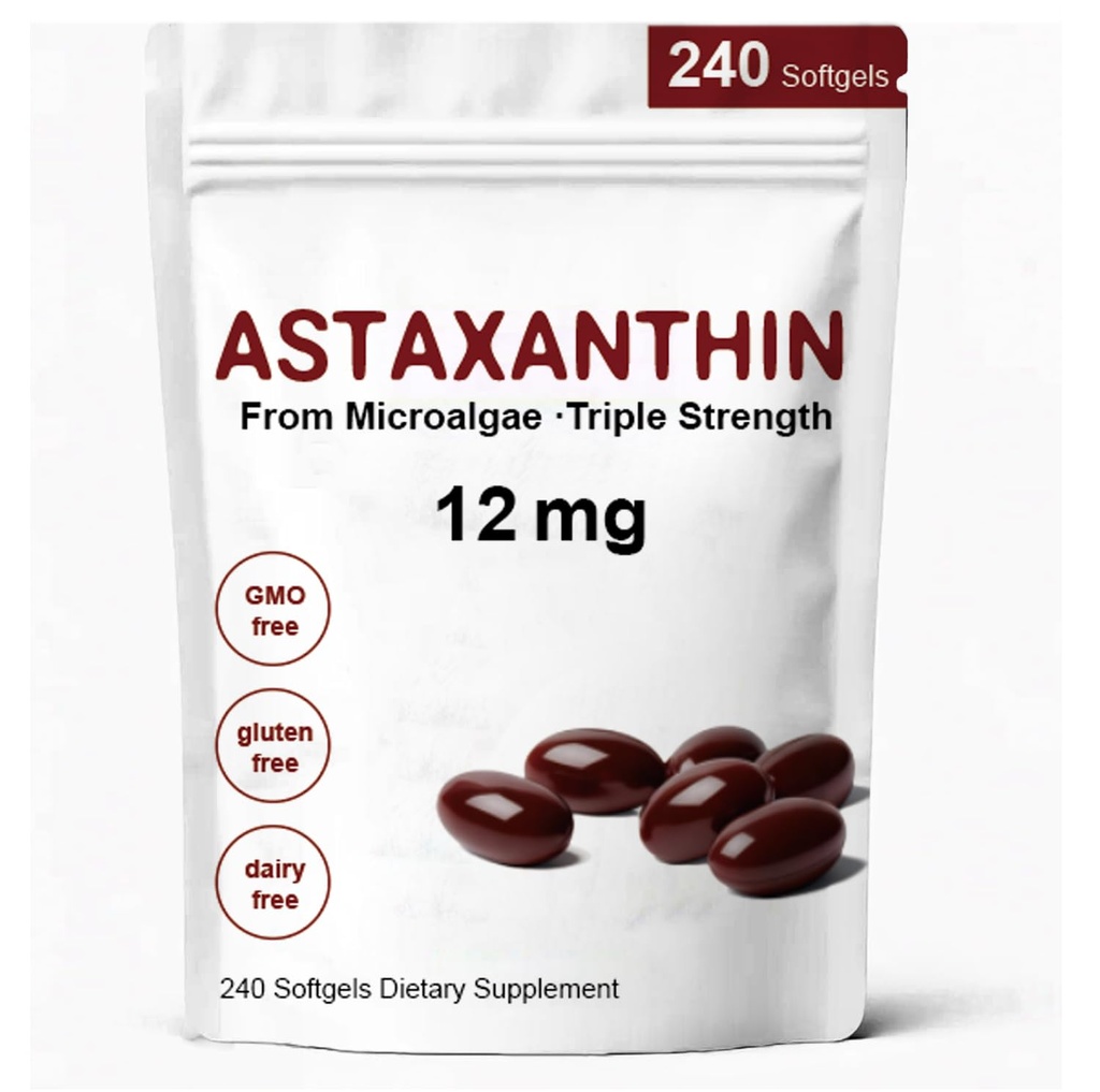 Astaxanthine 12mg, Premium Astaxanthine Antioxidant Supplementen met Antioxidant Activiteit, Ondersteunt Oog, Immuun, Huid Gezondheid, Interne circulatie-240 Softgels