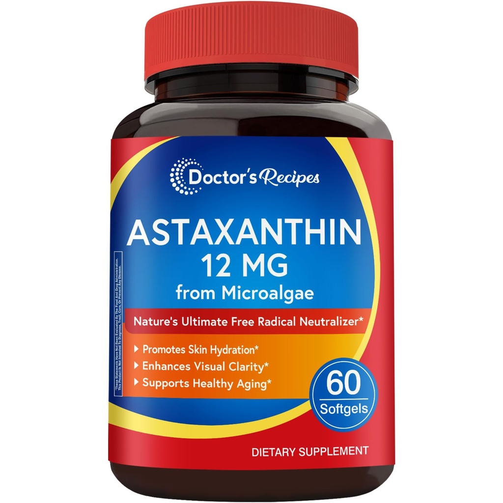 Recepten voor artsen Astaxanthine 12 mg, van verse premium microalgen, maximale sterkte, geen gluten, non-GMO, ondersteunt huid, oog, bot en immuunsysteem gezondheid, 60 Softgels