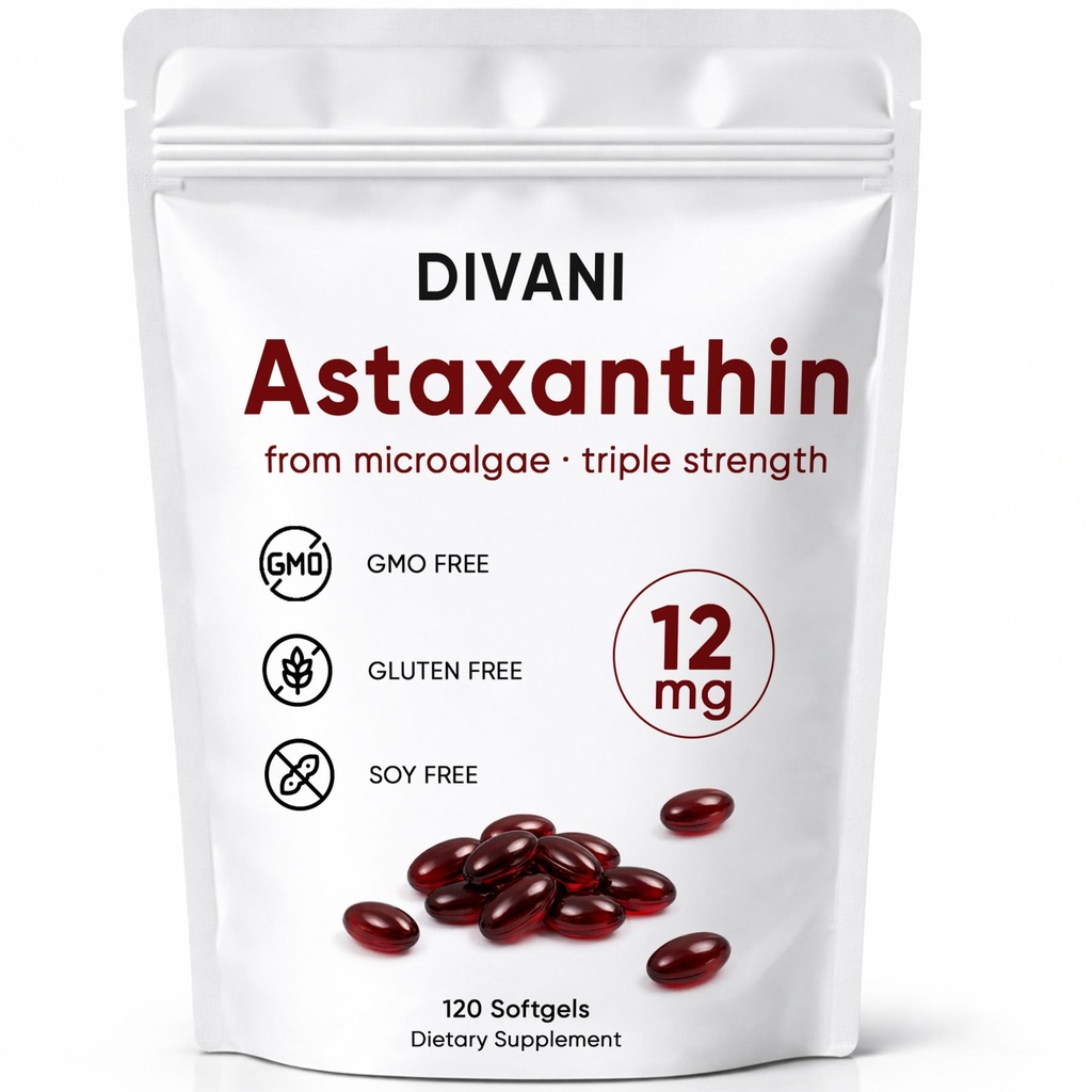 DIVANI Astaxanthine 12 mg, Antioxidant Supplement voor dagelijkse Wellness, Immune, Eye & Skin Support, Non-GMO, Glutenvrij - 120 Softgels