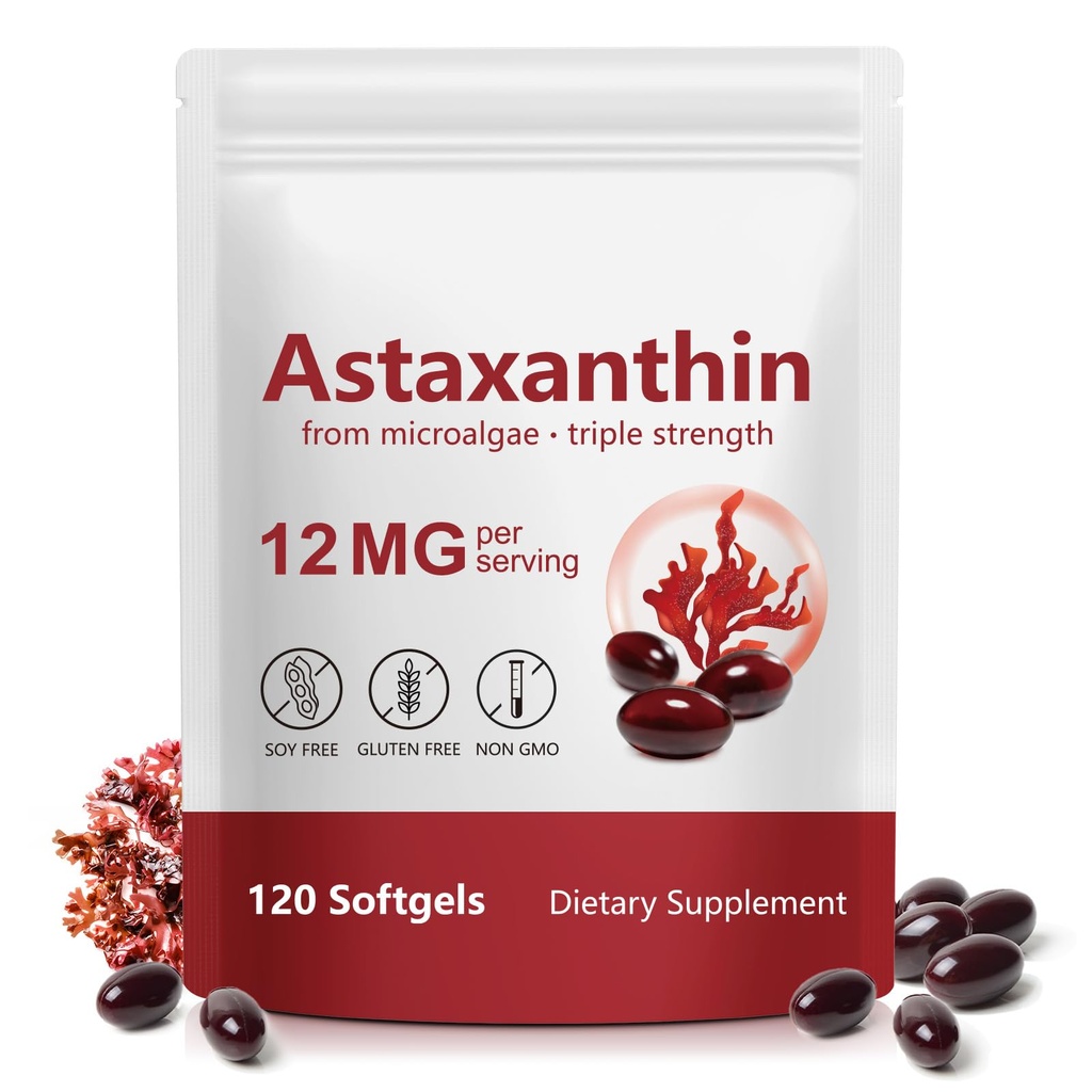 Astaxanthine 12mg, 120 Softgels 4 maand levering, ondersteunt huid, gewrichten & ogen gezondheid