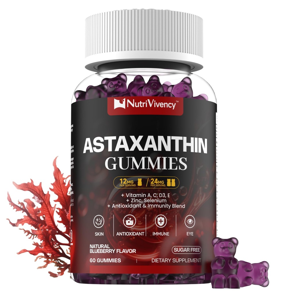 Astaxanthine Gummies, 12mg Per Gummy 24mg Max, Astaxanthine Supplementen met vitamine A/C/D/E, Resveratrol, 14-IN-1 Antioxidanten Blend voor vrouwen Mannen, Huid, Ogen, Immuun Ondersteuning, Suikervrij, Veganistisch, 60 Ct