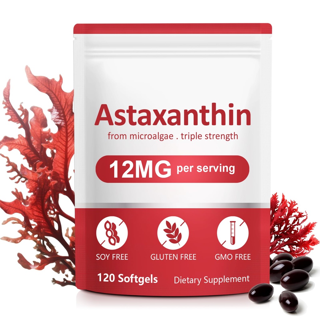Astaxanthine Supplementen,12mg Astaxanthine Natural Anti-Aging Formula - Ondersteunt Ogen, Gezamenlijke, Interne Circulatie & Huidgezondheid, Non-GMO Non-Gluten