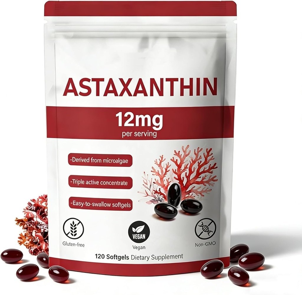 Astaxanthine 12mg, 120 Softgels, Natuurlijke Microalgen Bron, Non-GMO Glutenvrije,4 Maand Levering