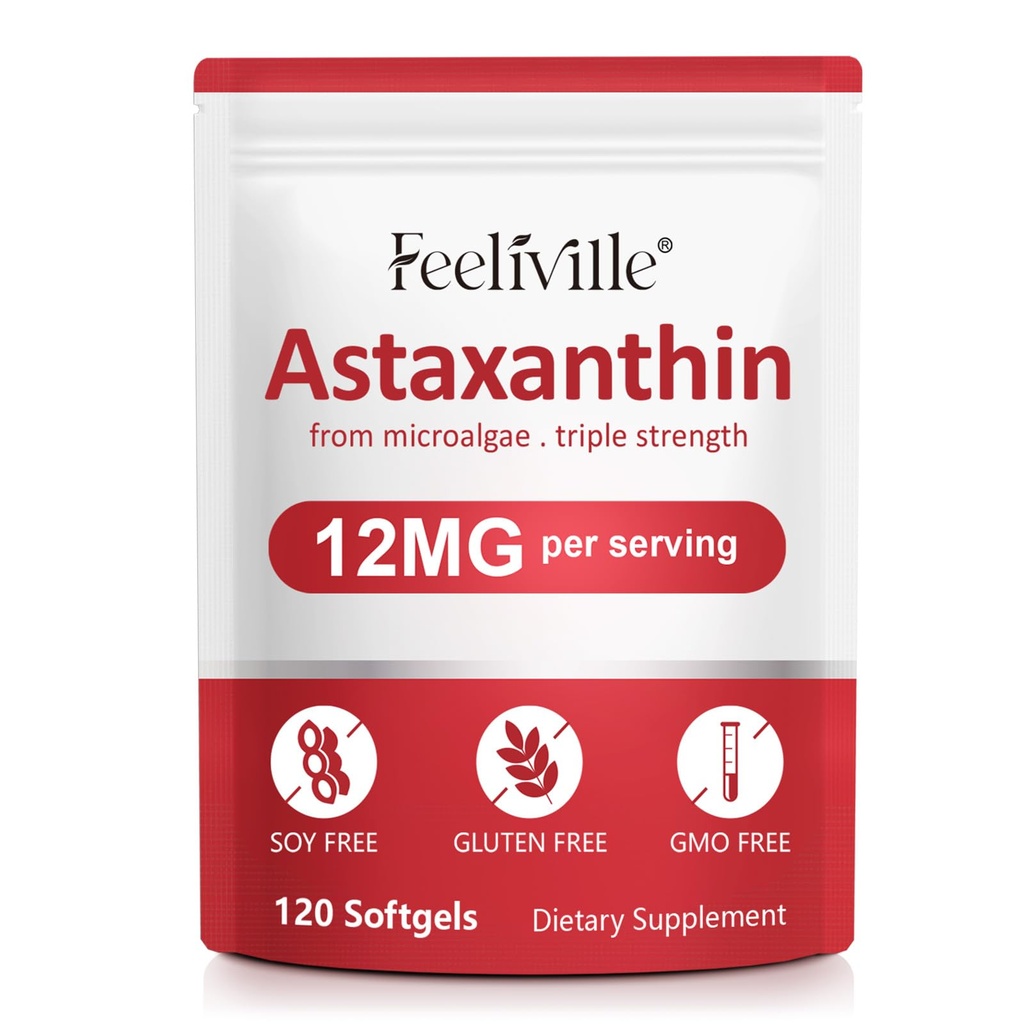 Premium Astaxanthine Supplementen 12mg 120 Softgels, Astaxanthine Antioxidant Supplement voor oog, huid, gewricht, hersenen, verse microalgen Bron voor hart en immuunsysteem gezondheid