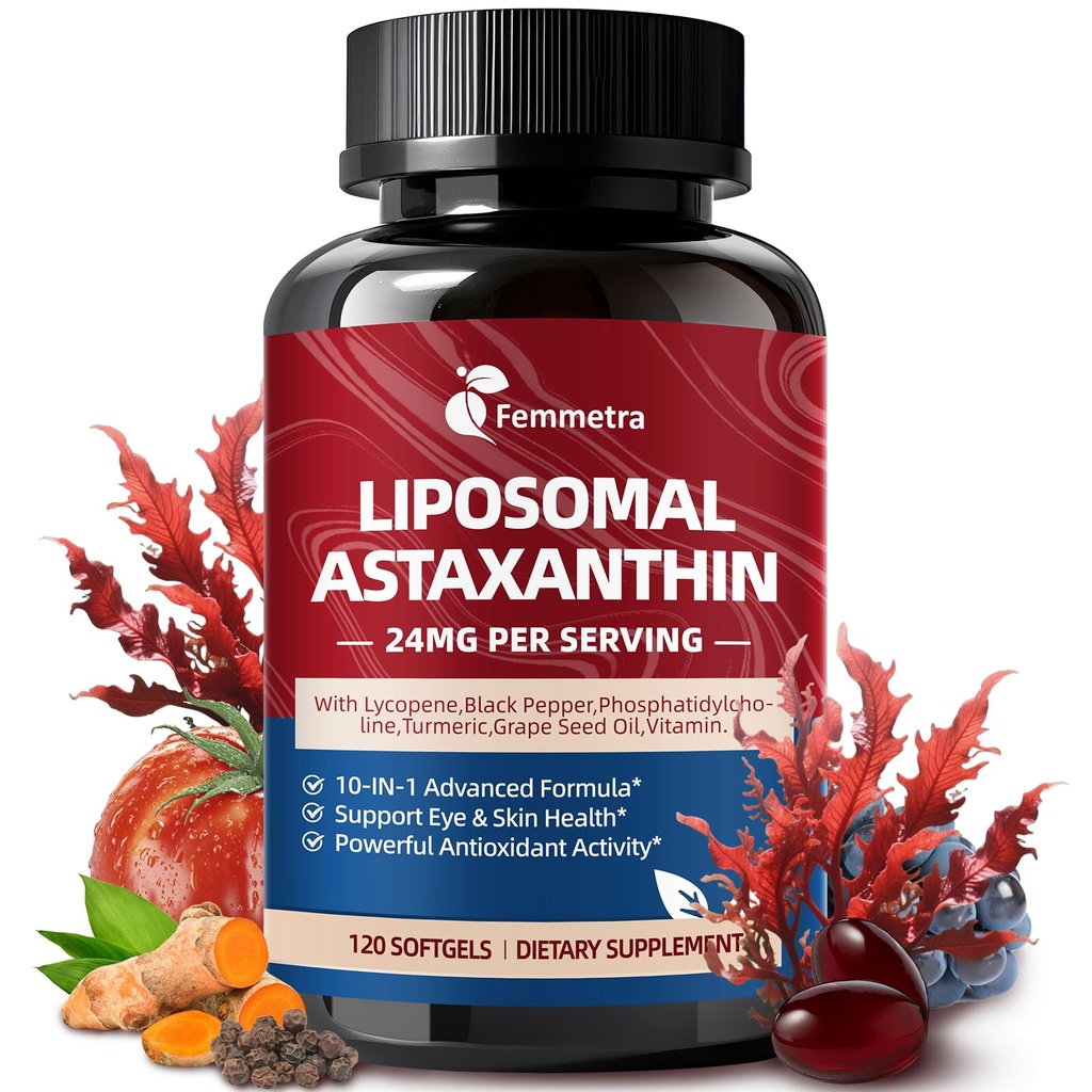 Liposomale Astaxanthine Supplementen 24mg met Lycopeen voor Oog, Huid & Immuun Gezondheid, 10-in-1 Max Sterkte Astaxanthine Antioxidant Supplement, Fresh Microalgen Bron, Non-GMO, 120 Softgels