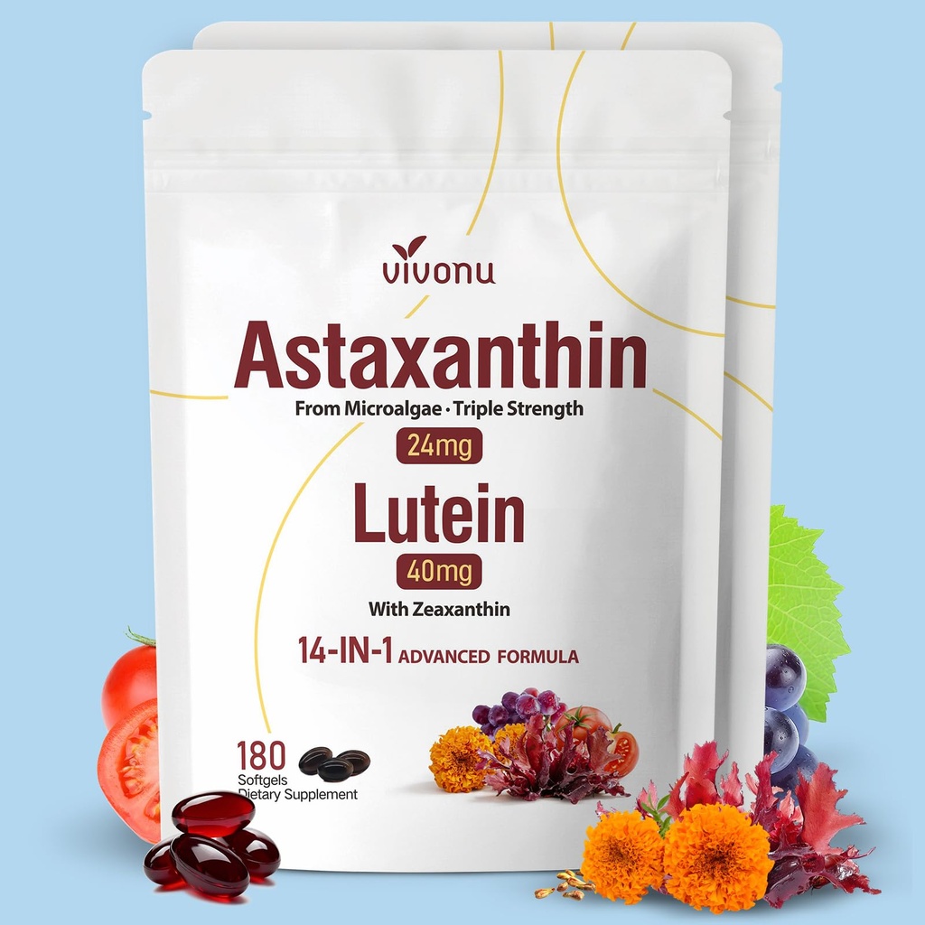 VivoNu 14-in-1 Astaxanthine 24mg & Luteïne 40mg met Zeaxanthine Supplementen, 12 maand supply, 360 Softgels, 2 Bag