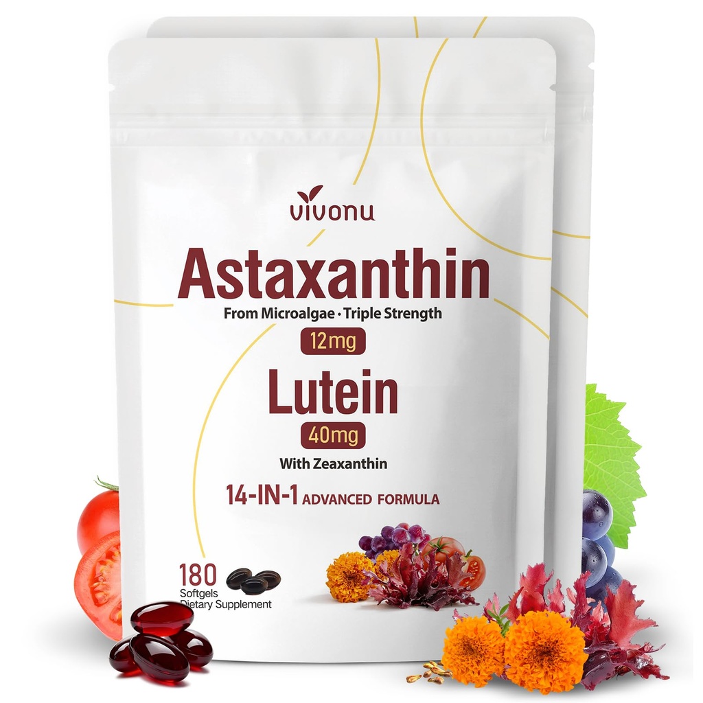 14-in-1 Astaxanthine 12mg & luteïne 40mg met Zeaxanthine Supplementen, 12 maand supply, verse microalgenbron, ondersteunt oog, huid, antioxidant, gezamenlijke, Circulatory Health, non-GMO, glutenvrij, 2 zakken