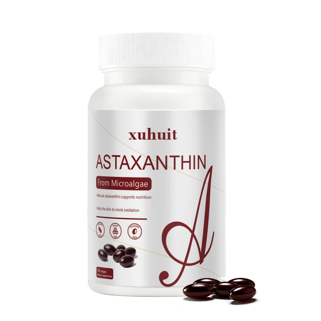 Astaxanthine 12mg 60 Softgels, Natural Antioxidant Supplement van Microalgen, Non-GMO, Sojavrij, Ondersteunt de gezondheid van de huid, Gemakkelijk doorslikken Softgels, 2 maanden levering (1)