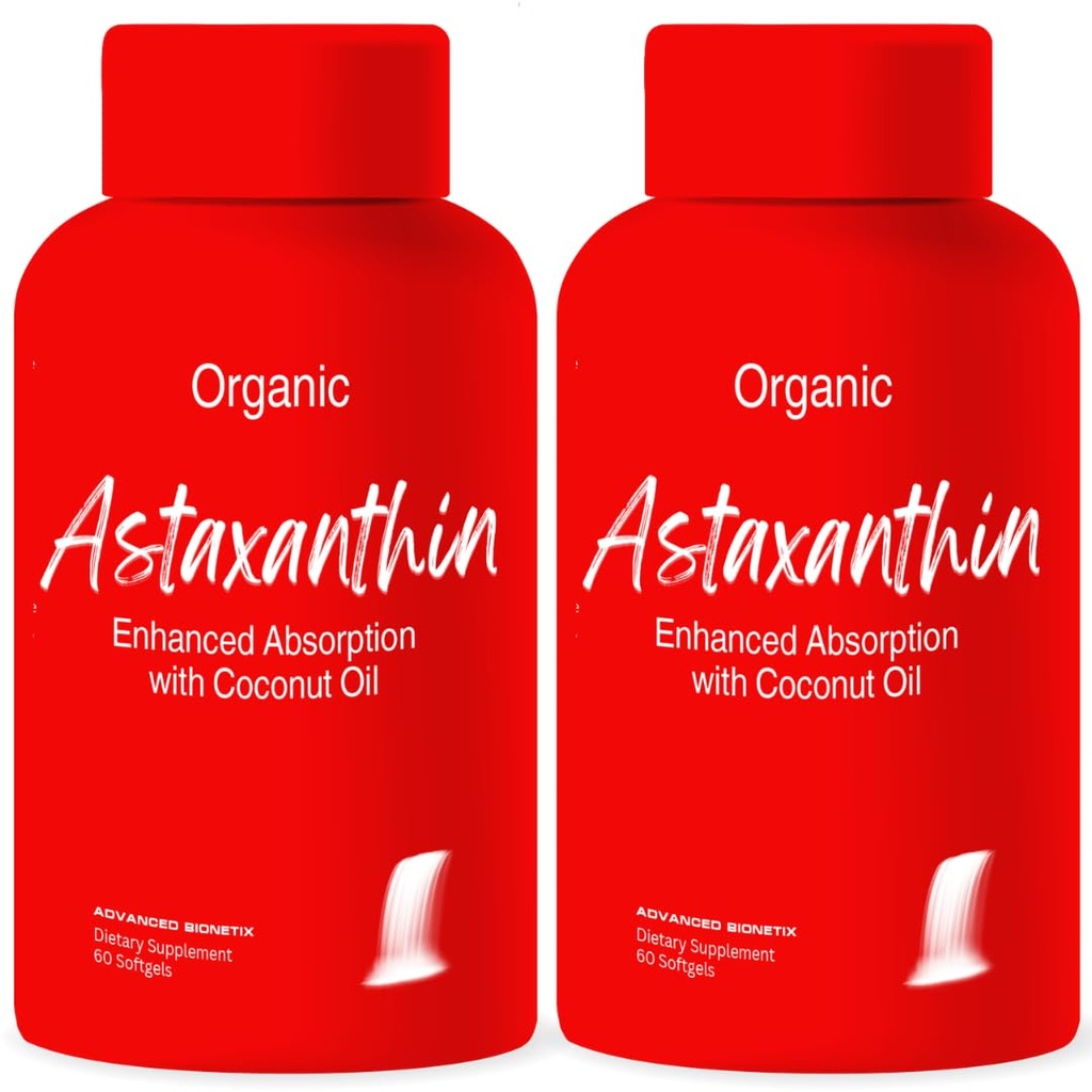 Geavanceerde Bionetix 2 Pack Triple Strength AstaQuilTM Astaxanthine 12mg Hoge Biobeschikbaarheidsformule, 120 Softgels Biologische Kokosolie voor verbeterde absorptie. Krachtige Antioxidant Eye Joint Heart Health