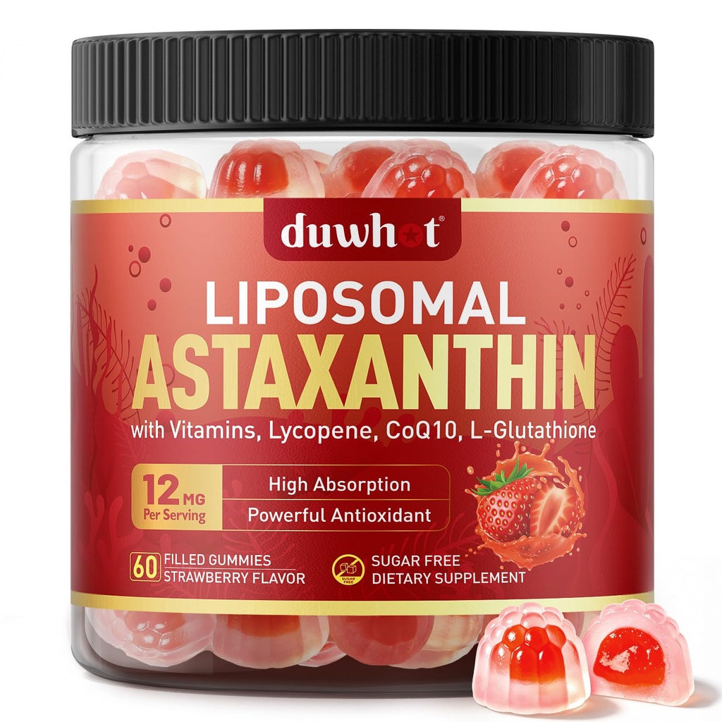 Liposomale Astaxanthine Gummies, Biologische Astaxanthine 12mg Supplementen met Lycopeen, Glutathion voor Krachtige Antioxidant, Plus Vitaminen & CoQ10 voor Oog, Huid & Immune Health, Suikervrij, Veganistisch, 60
