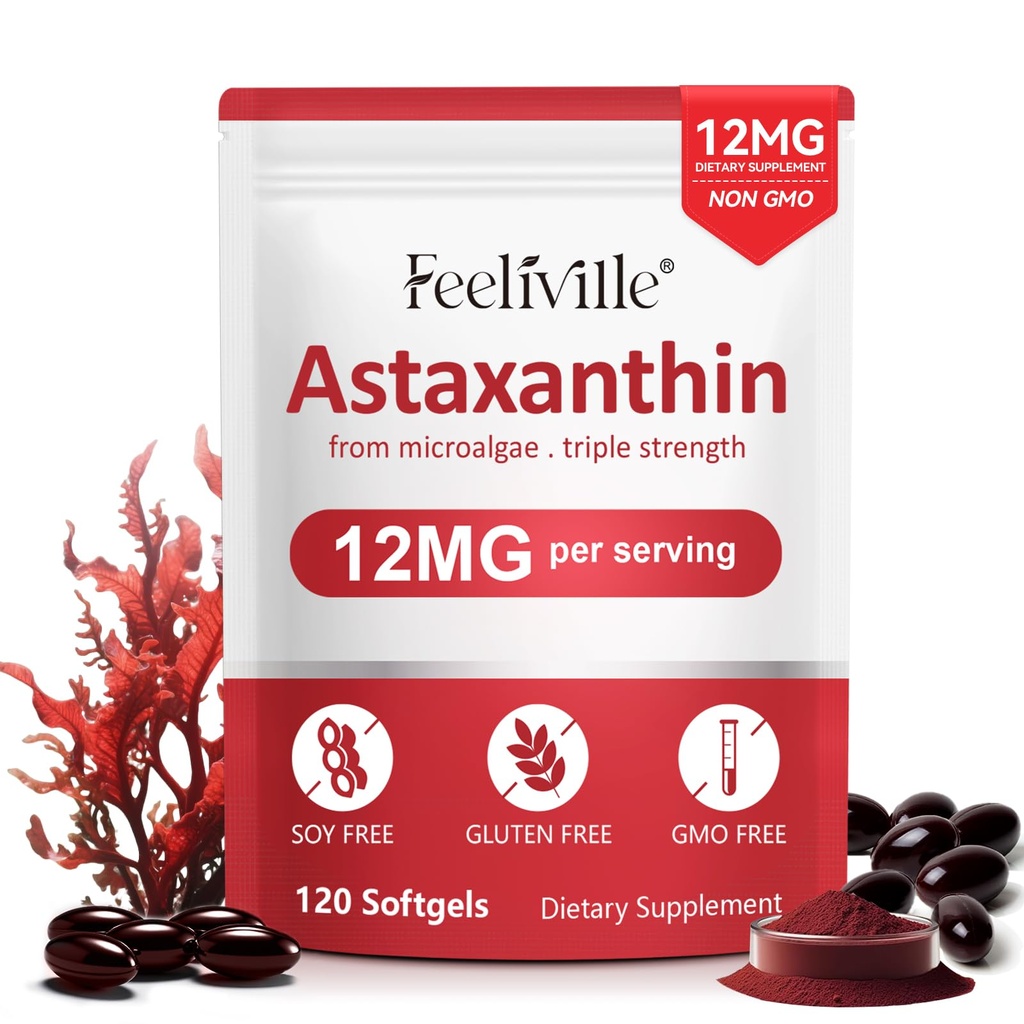 Astaxanthinesupplementen, Premium Astaxanthine 12mg Antioxidant met Antioxidant Activiteit, Ondersteunt Oog, Gewricht, Immuun, Huid Gezondheid, Internal Circulation, 1Pack(120 Softgels), Non-GMO & No Gluten