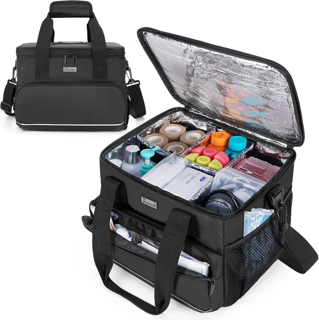 Trunab geïsoleerde medische tas met verstelbare dividers, medicijnen levert water-resistant zak voor thuis, reizen, kamperen, lege tas - Gepatenteerd ontwerp, zwart