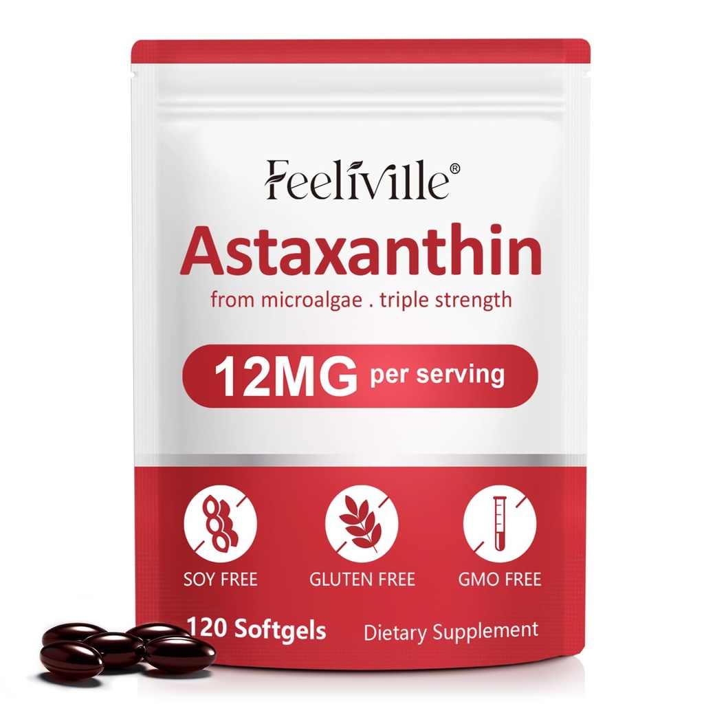 Astaxanthine Supplementen, Astaxanthine 12mg, 120 Softgels Antioxidant Astaxantina Supplement voor oog, huid, gewrichts- en immuungezondheid, ondersteunt interne circulatie en gezondheid van het hart, non-GMO & geen gluten