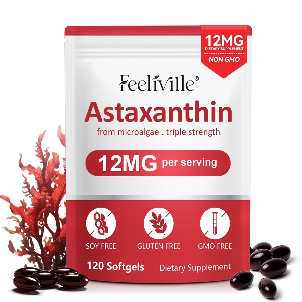 ABOUME Astaxanthine Supplementen, Astaxanthine 12mg, Verse Microalgen Bron, Ondersteunt Oog, Immuun, Huid Gezondheid, Internal Circulatie, Non-GMO Geen Gluten (1PCS)