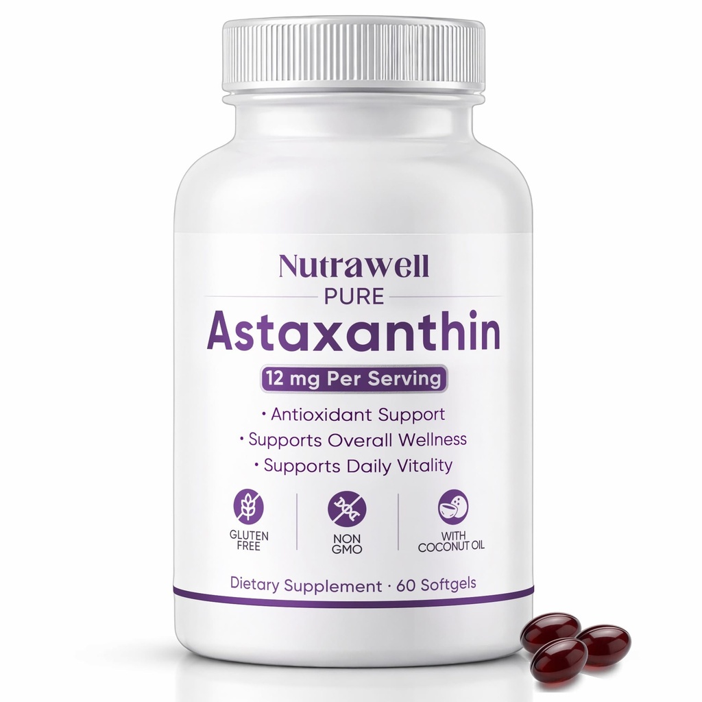NutraWell Astaxanthine 12mg, met Kokosolie, Antioxidant Support Supplement, Non-GMO, Glutenvrij, 60 Softgels