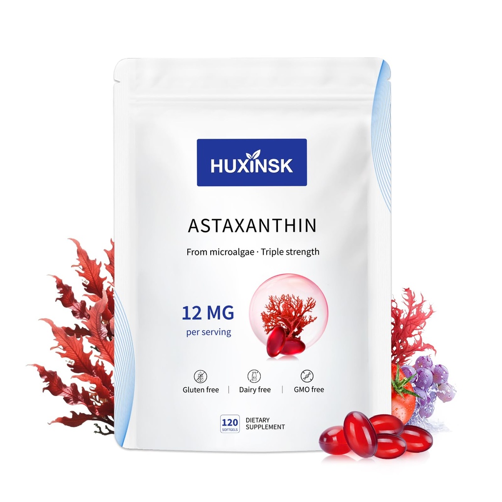 Astaxanthine 12 mg Supplementen, 120 Softgel, Max Strength Astaxanthine Antioxidant Supplementen Form Fresh Microalgen, 4 maanden Supply, Ondersteunt oog, huid, gezamenlijke, hersenen, hart en immuunsysteem gezondheid, 1 zak