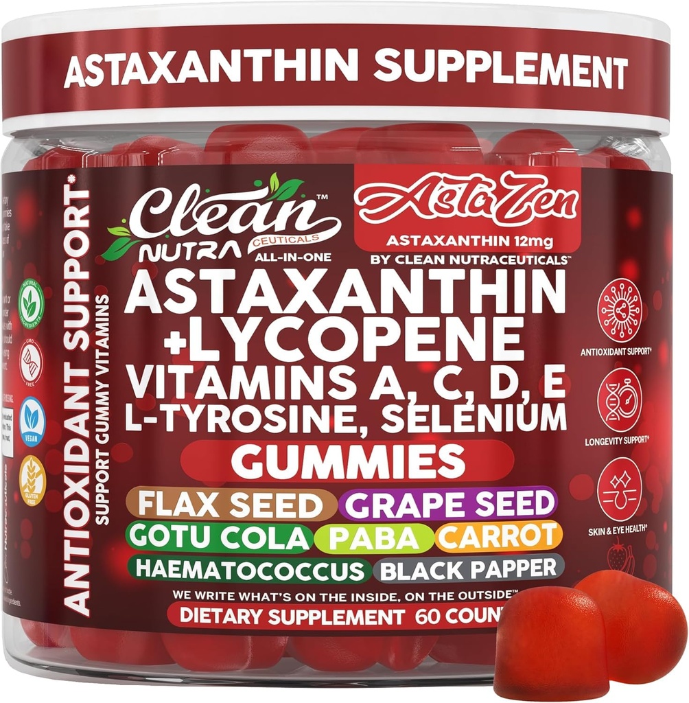 Clean Nutraceuticals AstaZen Astaxanthine Gummies 12mg - met Lycopeen, Vitaminen A C D E, L-tyrosine & Selenium - Antioxidant Support Gummies - 60 Tel.