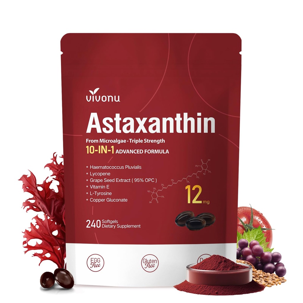 VivoNu Astaxanthine 12mg Supplementen, 240 Softgels, Verse Hematococcus Pluvialis 10 in 1 Astaxanthine Antioxidant Supplementen, Ondersteunt oog, huid, gewrichts, hersenen, hart en immuunsysteem Gezondheid