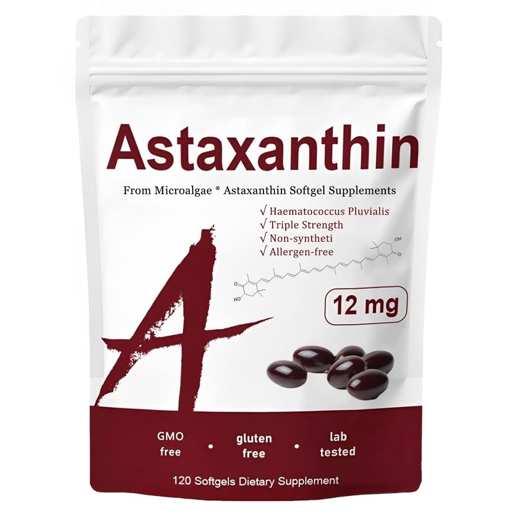 Astaxanthine 12mg, Triple Strength Skin Vitaminen voor vrouwen met antioxidant activiteit,Ondersteunt Immune, Huid, Eye & Joint Health, Promote Internal Circulatie, Chocolaat smaak,120 Servers