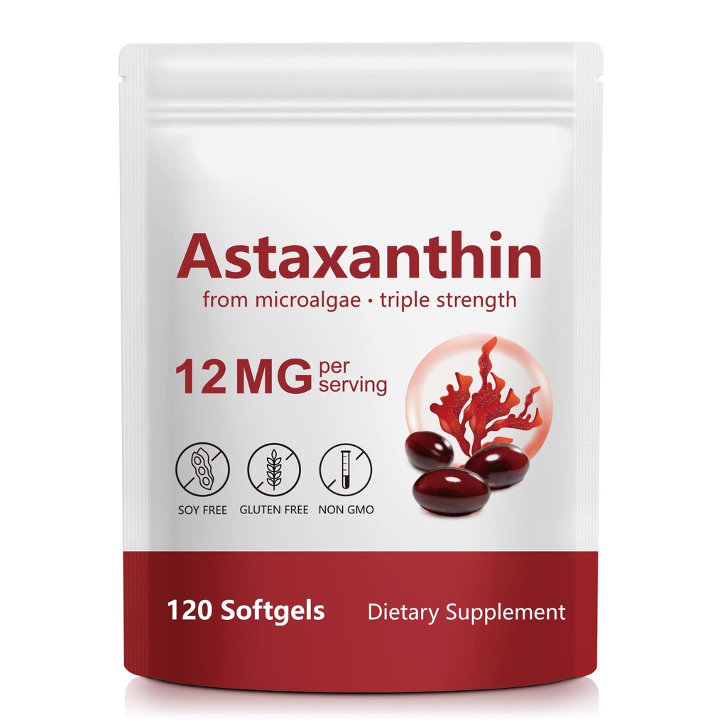 Astaxanthine Supplementen 12mg 120 Softgels, Premium Astaxanthine Antioxidant Supplement voor Oog, Huid, Gewricht, Hersenen, Hart en Immuun Systeem Gezondheid, Verse Microalgen Bron, Niet-GMO & Geen Gluten