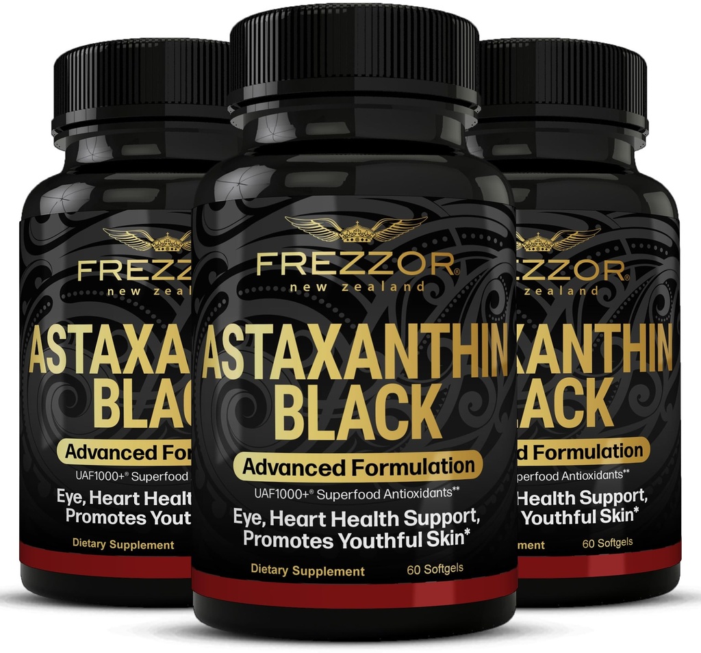 FREZZOR Astaxanthine Zwart met UAF1000+ Super Antioxidant, Ondersteunt Hart, Eye & Brain Health, Anti-Aging Huidverzorging & Cellular Protection, 12mg Astaxanthine per Serve, 180 Softgels, 3 maanden supply