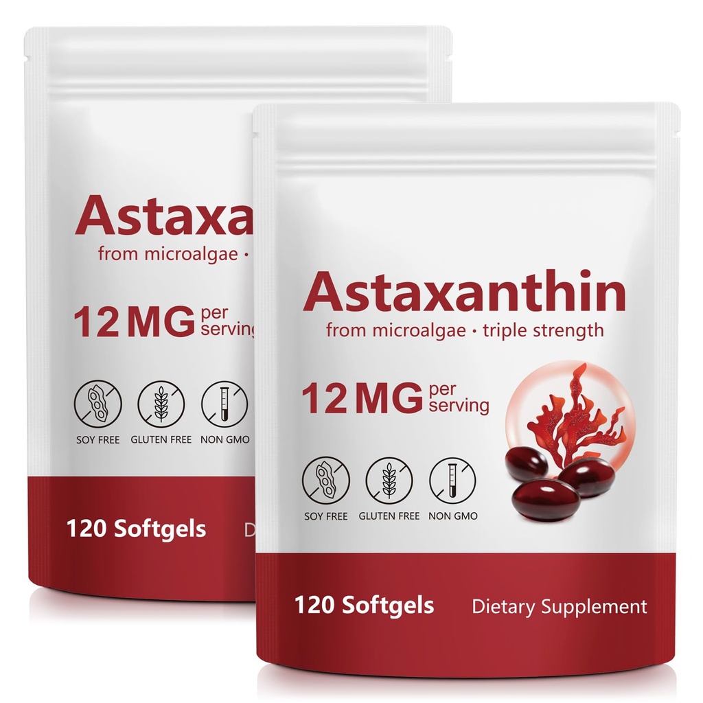 Astaxanthine 12mg, 120 Softgels, (2Pack)Premium Astaxanthine Antioxidant Supplementen met antioxidant activiteit, Ondersteunt oog, huid, Joint & Immuun System Health, Fresh Microalgen Bron, Non-GMO