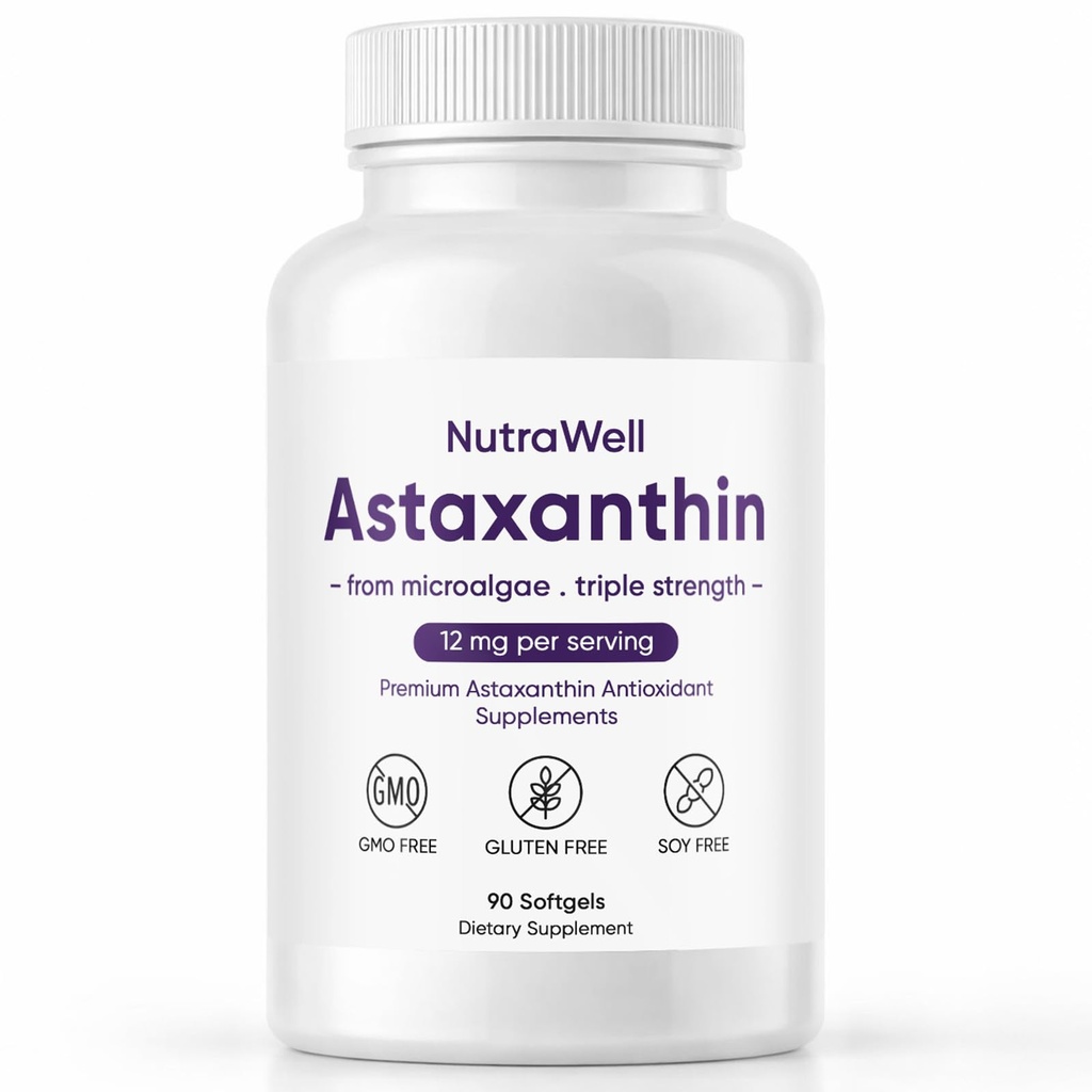 Nutrawell Astaxanthine - Dagelijkse Antioxidant Wellness Supplement met natuurlijke bron Astaxanthine Clean Formula voor Actieve Volwassen Lifestyle Eenvoudig te nemen Capsules - 90 Softgels (1)
