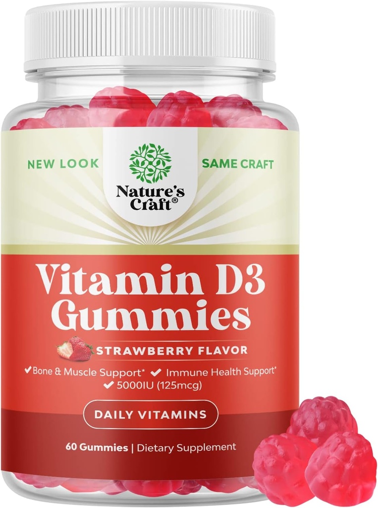 Vegan Vitamin D3 Gummies voor volwassenen - Vitamine D3 5000 IE Natuurlijke Gummy Vitaminen voor mannen en vrouwen Immuniteit Joint Support Plus Tanden - Gelatine Vrij Niet GGO Delicious Aardbei Smaak