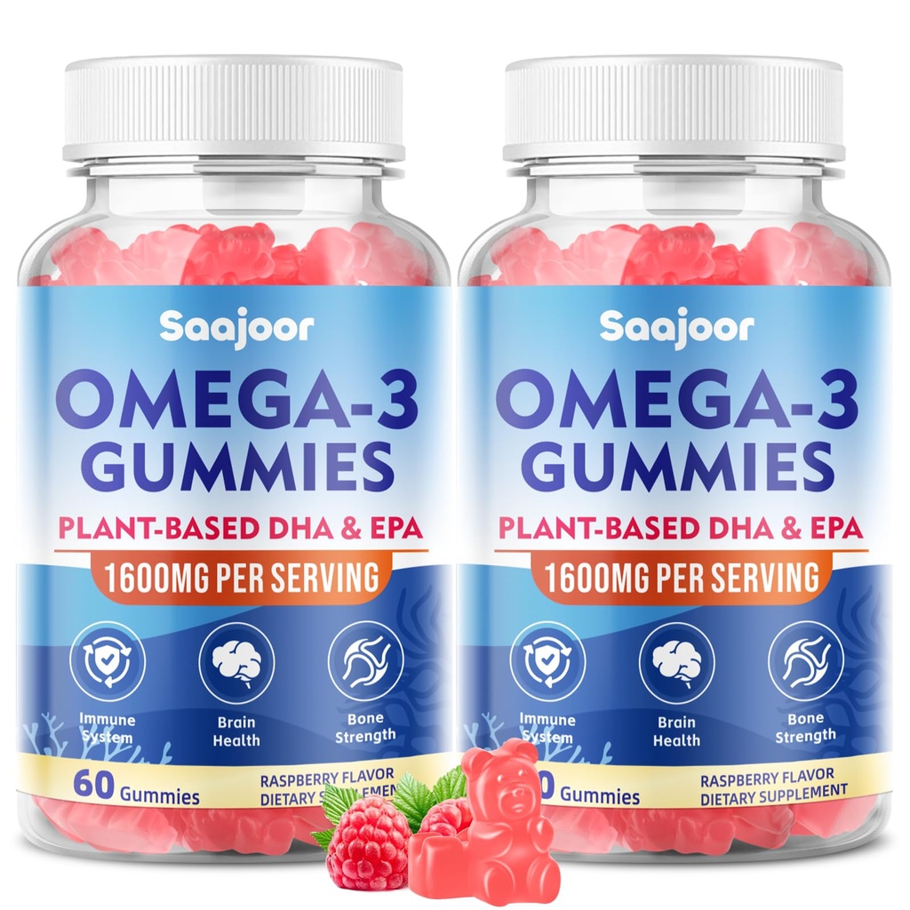 2 Pack Vegan Omega-3 Gummies1000mg for Adults - Sugar Free Supplement with 400mg DHA & 600mg EPA, Vitaminen A, C, E en Zink - 120 Tel.