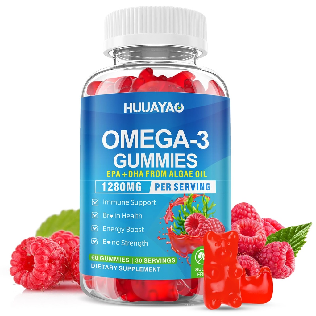 Vegan Omega-3 Gummies 1028mg, Omega 3 Visolie Alternatief voor volwassenen w/EPA 400mg & DHA 600mg & Vitamine A, C, E Ondersteunt Hersenen, Eye & Immune Health, Suikervrij, Raspberry Flavor, 60 Tellen