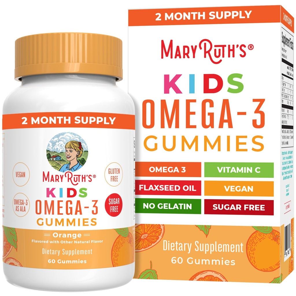 MARYRUTH'S Vegan Omega 3 Gummies for Kids 2+, 2 maand levering, Sugar Free, Omega 3 Supplement met vitamine C, Vlaszaadolie, Immune Ondersteuning, Essentiële Nutriënt ALA, Geen Vis Smaak, 60 Tellen