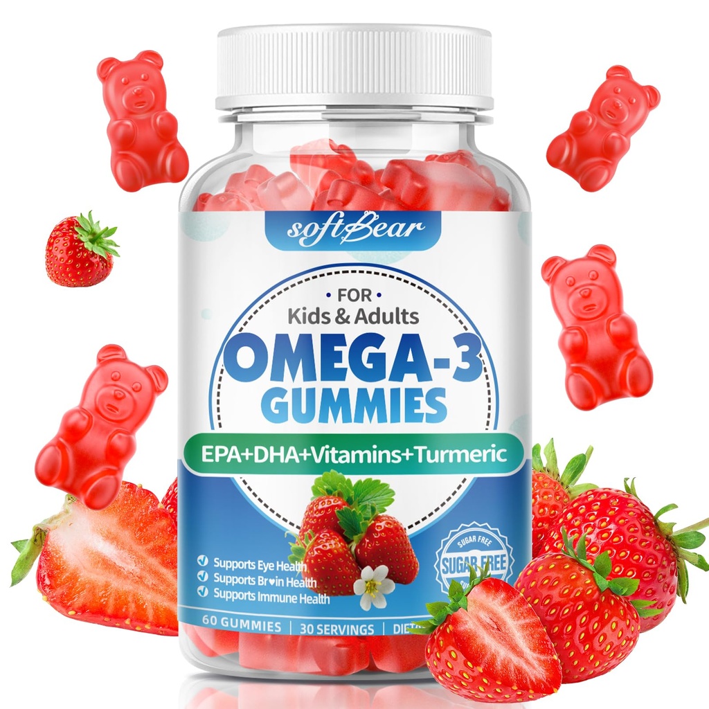 softbear Omega 3 Gummies for Women & Men & Kids Omega 3 Supplementen 1200mg Vegan Omega 3 Vetzuren DHA EPA met Vitaminen Ondersteuning Eye & Brain Health, Sugar Free, Aardbei smaak 60 Tellen