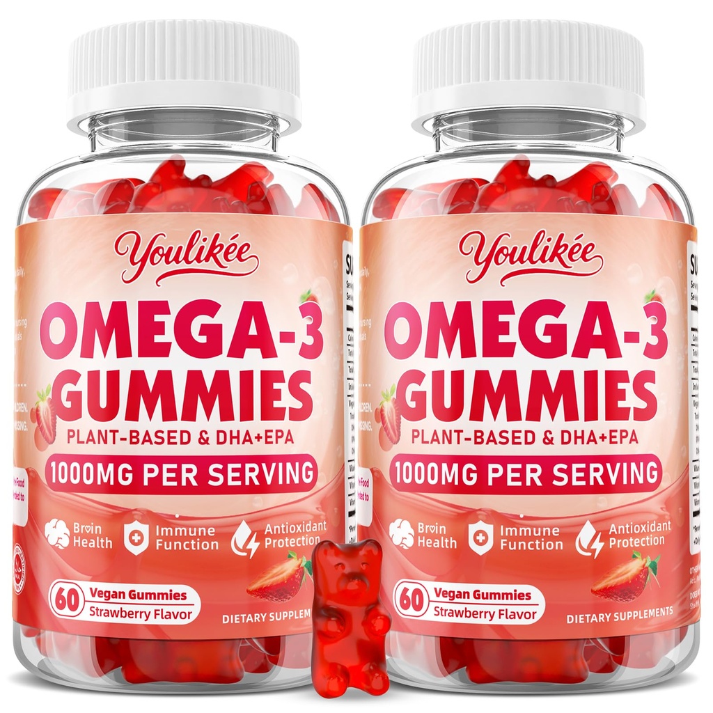 2 Pack Vegan Omega-3 Gummies 1000mg, Omega 3 Visolie alternatief voor volwassenen, Plant Based DHA 460mg & EPA 230mg w/Vitamine A, C, E, Aardbei smaak, 120 Tellen
