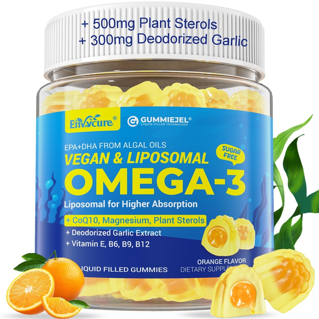 Vegan Omega-3 Gummies 1000mg +CoQ10+Magnesium- EPA 600mg & DHA 400mg, Visolie Omega 3 Supplementen alternatief voor vrouwen Mannen Volwassenen- Liposomale vorm -Algen- Plant Sterolen, Knoflook,B6,B9, B12, Suikervrij