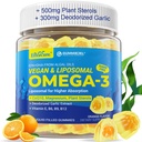 Vegan Omega-3 Gummies 1000mg +CoQ10+Magnesium- EPA 600mg & DHA 400mg, Visolie Omega 3 Supplementen alternatief voor vrouwen Mannen Volwassenen- Liposomale vorm -Algen- Plant Sterolen, Knoflook,B6,B9, B12, Suikervrij