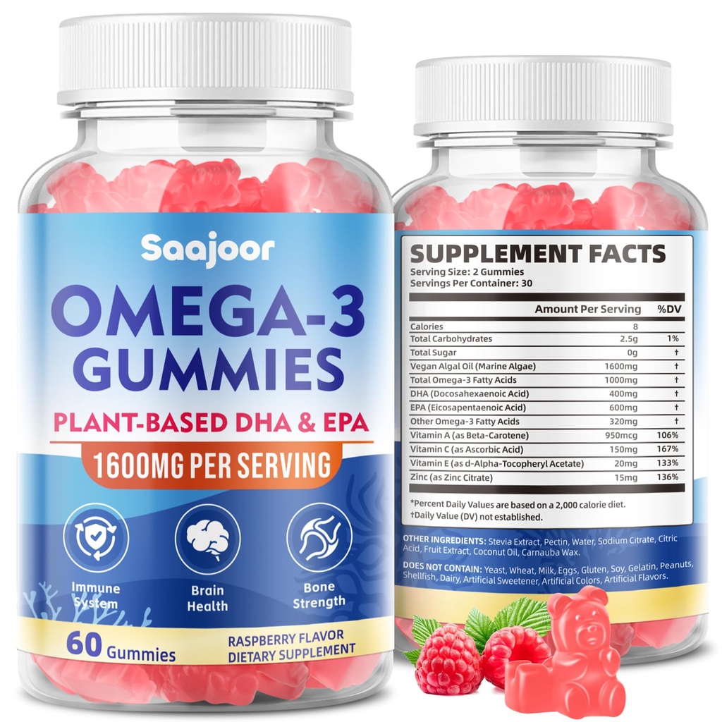 Vegan Omega-3 Gummies1000mg voor volwassenen - Sugar Free Supplement met 400mg DHA & 600mg EPA, Vitaminen A, C, E en Zink - 60 Tellen