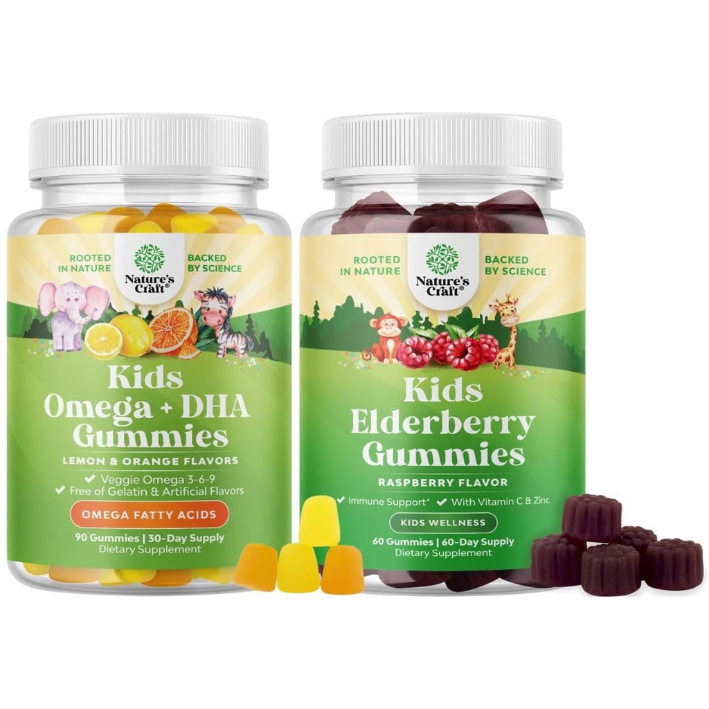 Bundle of Kids DHA Omega 3 Gummies - Vis vrij met vegetarisch 6 9 voor Vision Brain & Immunity en Sambucus Vlierbessen Gummies voor kinderen - Zwarte Vlierbes met Zink & Vitamine C voor Immune Ondersteuning