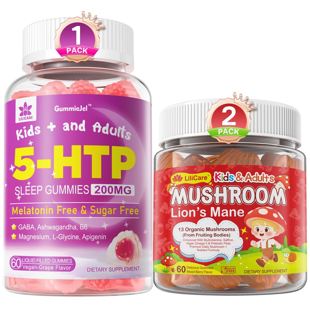 LILICARE Bundel: Paddestoelen Leeuwen Mane + Saffron + Algen Omega-3 Gummies + 5HTP Gummies voor kinderen en volwassenen