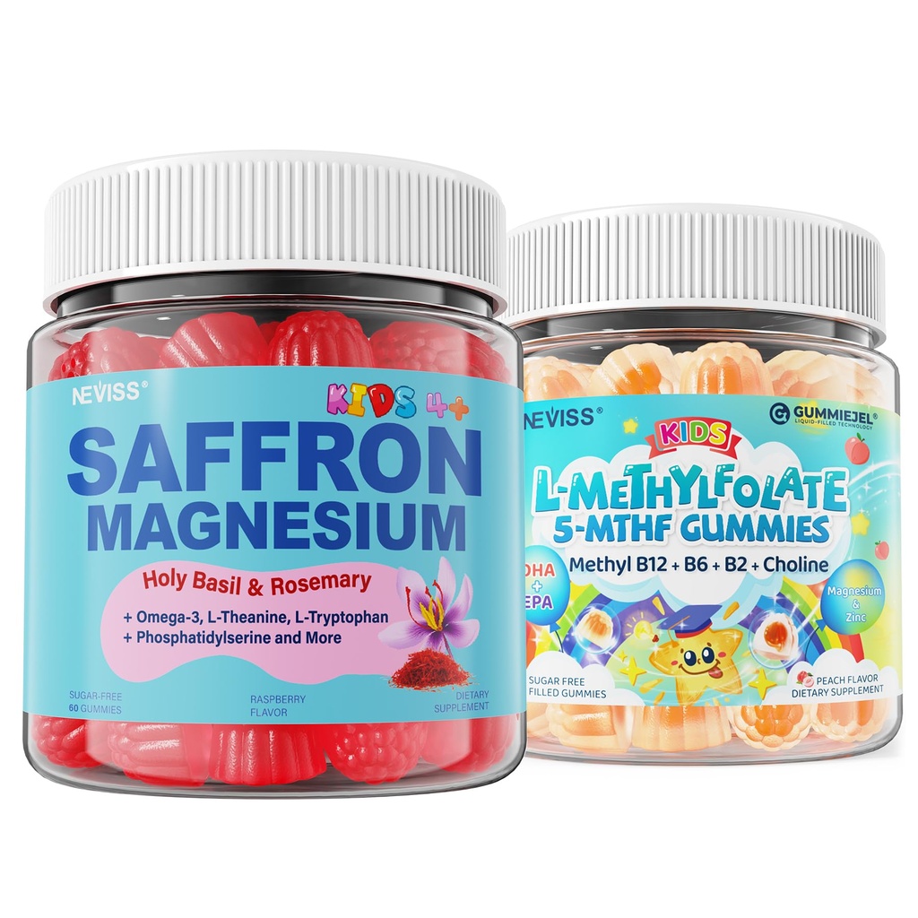 Saffraan + Magnesium Glycinate+ Omega-3 - Kalm Focus Gummies + Kids L-methylfolaat Gummies, Actieve 5-MTHF + Methyl B12, Vitamine B6, B2, Choline, Vegan Omega 3 DHA & EPA, Gemethyleerde Multivitamine