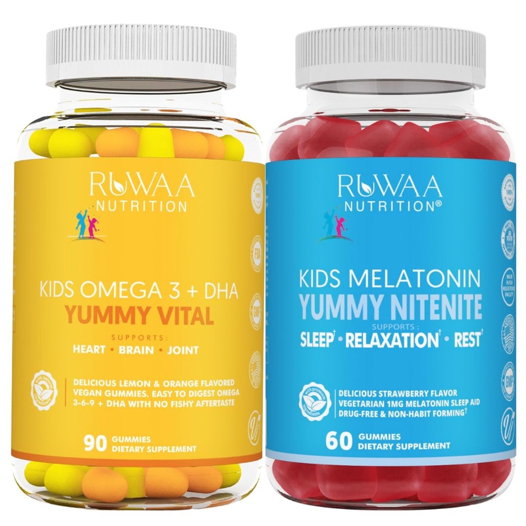 RUWAA NUTRITION Omega 3 Gummies, DHA Gummies en 1mg Melatonine Gummies Geen Vis, Geen After-Taste, Non-Habit Forming, Gluten Free, Non-GMO, Made in USA.