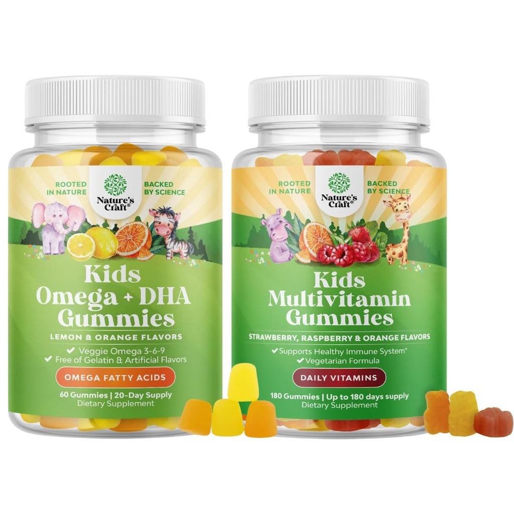 Bundle of Kids DHA Omega 3 Gummies - Fatty Acids Omega 3 6 9 voor Hersenen, Immuun Kracht & Vision & Plant Based Kids Multivitamine Gummies met Vitaminen A C D3 E B en Zink voor Immuniteit Ondersteuning