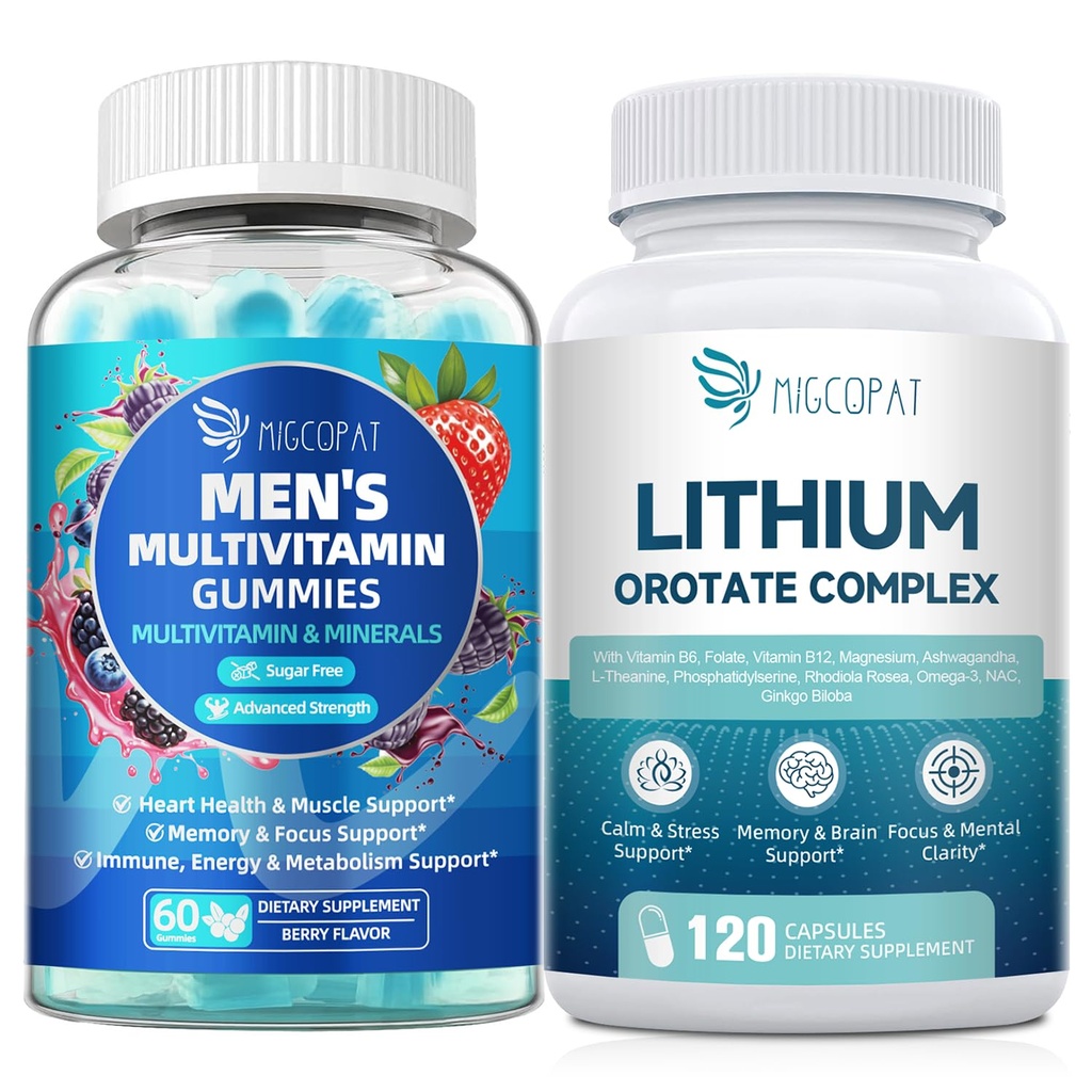 Migcopat Mannen Multivitamine Gummies & Lithium Orotate Complex Bundle, Omega-3, Magnesium