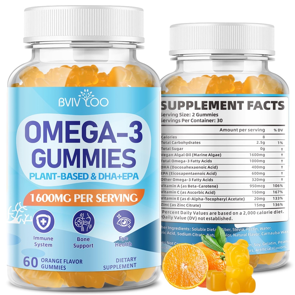 Vegan Omega-3 Gummies - 1600mg with 600mg EPA & 400mg DHA. High Absorption Formula. Delicious Orange Flavor - 60 Gummies