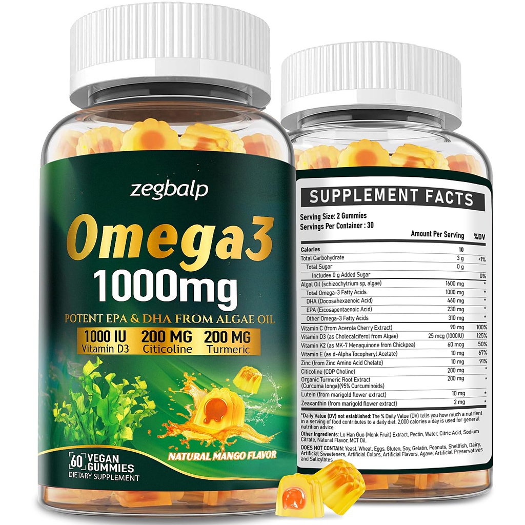 Omega-3 Supplement Gummies for Women & Men - 1000mg Vegan Omega3 DHA & EPA met Kurkuma, Vitamine D3, K2, Citicoline voor algemene gezondheid - Algenolie Omega 3 vetzurensupplementen, suikervrije