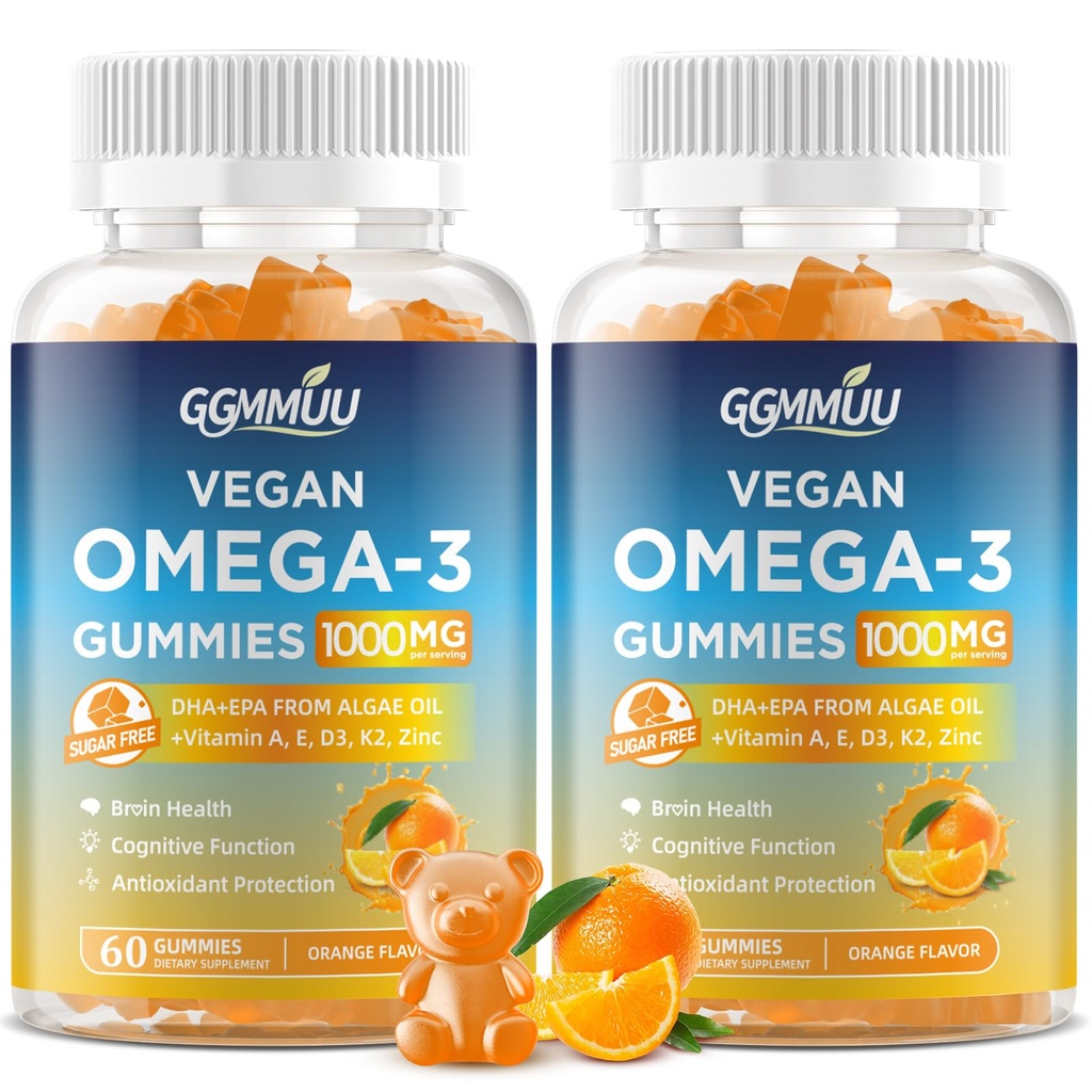 2 Pack Vegan Omega 3 Gummies 1000MG Algal Oil Omega 3 Supplement voor volwassenen met Algen DHA 600mg & EPA 300mg Visolie Alternatief - voor Eye & Immune Health, Orange Flavor, 120 Tellen