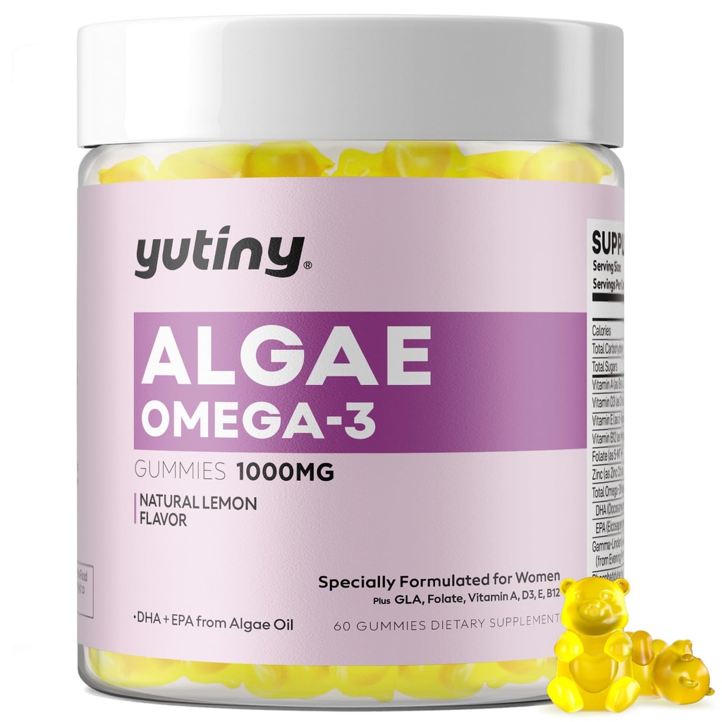 Vegan Omega 3 Gummies for Women, Algae Omega 3 1000mg Supplement met DHA, EPA, GLA, Vitamine A, E, B12, Folate, Skin & Brain Health, Sugar Free, 60 Tellen