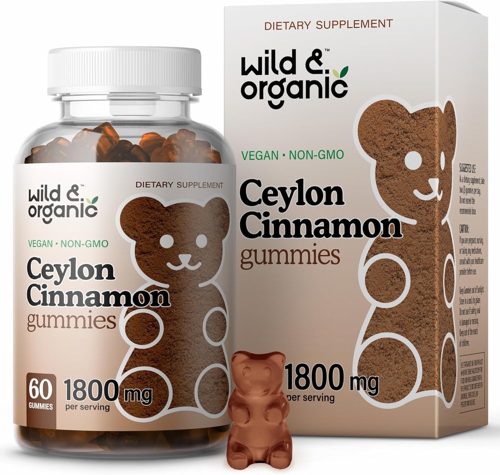 Wild & Organic Ceylon Cinnamon Gummies 1800mg - Antioxidanten Ondersteuning w/Cinnamon, Kurkumawortel, Gember - 60 Vegan, Niet-GMO Kauwen