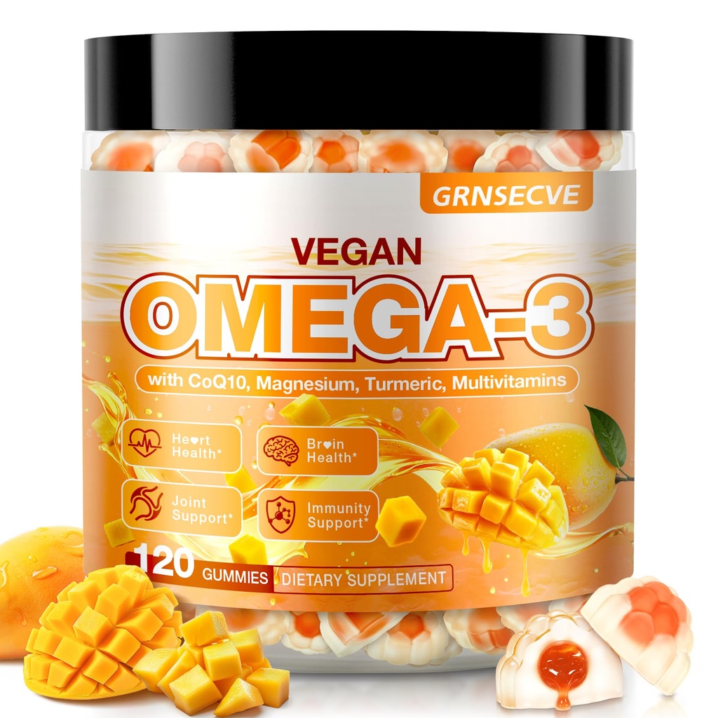 Vegan Omega-3 Gummies - Visolie Omega 3 Supplementen Alternatief voor volwassenen - Algen DHA 600mg & EPA 400mg, Vitamine D3 K2 - Geen Vis Smaak - voor Hersenen, Oog, Immuun Ondersteuning - Suikervrij,120 Tel.